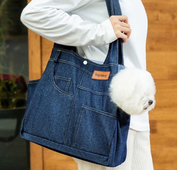 Dog Casual Style Denim Pocket Shape Outing Pet Bag Large Capacity Backpack Cat Bag Messenger Bag