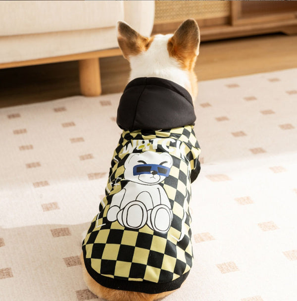 New autumn and winter corgi dog plaid print hooded sweatshirt trendy black cool warm clothes dog clothes