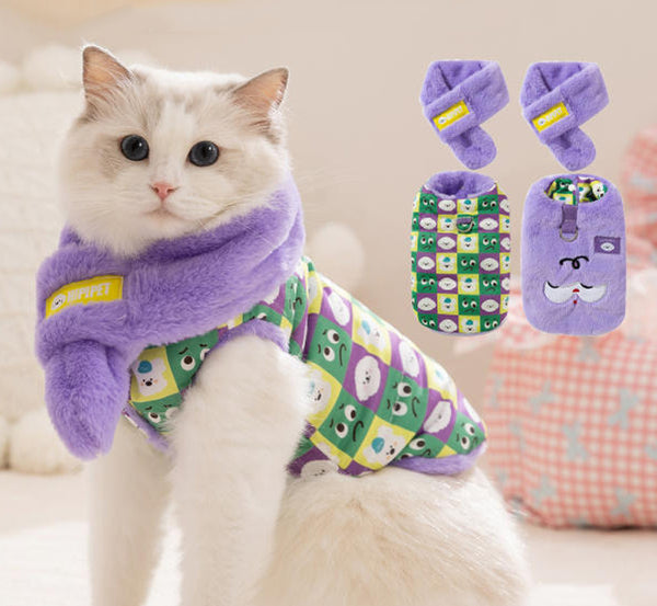 Nouveaux vêtements pour animaux de compagnie dessin animé imitation fourrure de lapin chaton chaud avec écharpe gilet Devon chat poupée vêtements pour chat