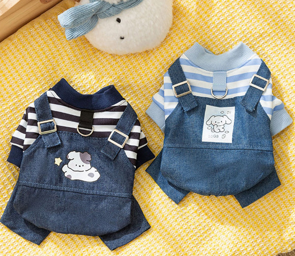 Salopette en denim rayée pour chat, vêtements fins à quatre pattes, mignons, automne et hiver, vêtements pour animaux de compagnie