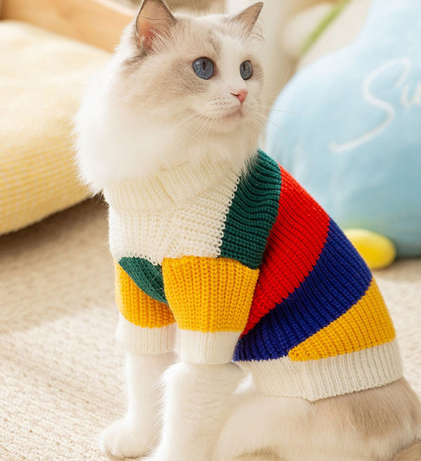 猫秋冬シンプルレインボーストライプセーター無毛猫暖かいプルオーバーセーターペット服
