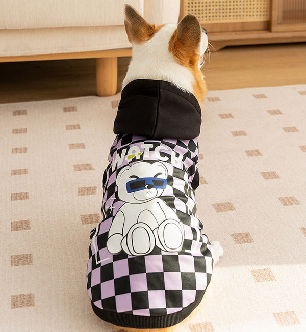 New autumn and winter corgi dog plaid print hooded sweatshirt trendy black cool warm clothes dog clothes