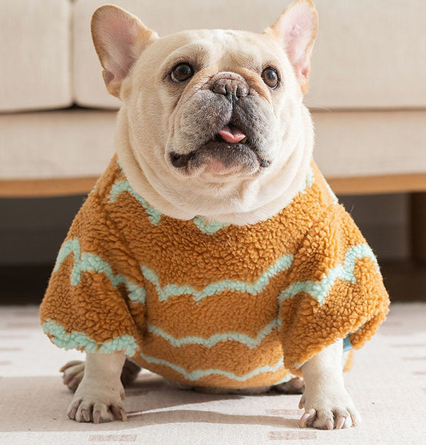 Automne et hiver bouledogue français chaud ondulé rayé gros chien manteau polaire petits et moyens chiens bouledogue chien bipède vêtements pour animaux de compagnie