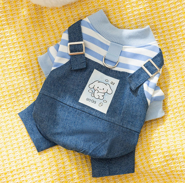Salopette en denim rayée pour chat, vêtements fins à quatre pattes, mignons, automne et hiver, vêtements pour animaux de compagnie