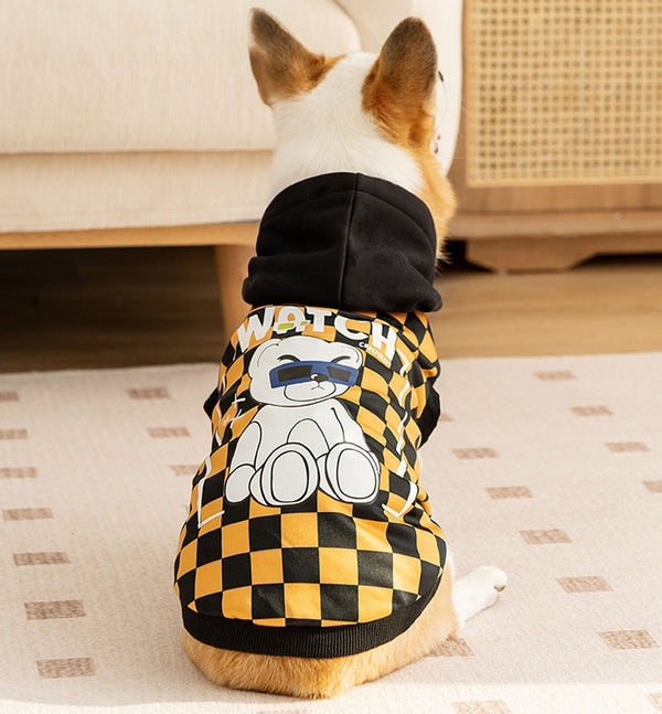 New autumn and winter corgi dog plaid print hooded sweatshirt trendy black cool warm clothes dog clothes