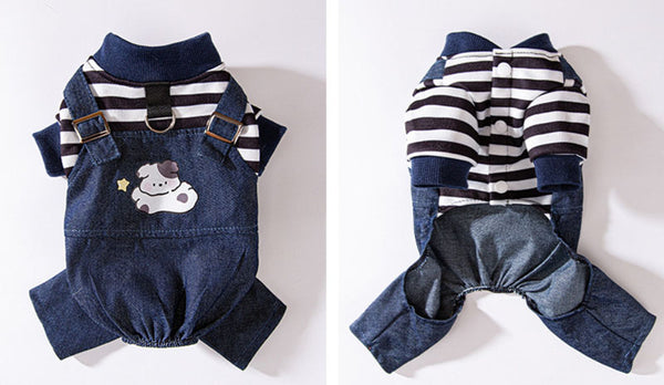 Salopette en denim rayée pour chat, vêtements fins à quatre pattes, mignons, automne et hiver, vêtements pour animaux de compagnie