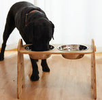 Stainless steel pet double bowl with adjustable bamboo and wooden frame for medium and large dogs