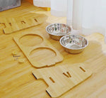 Stainless steel pet double bowl with adjustable bamboo and wooden frame for medium and large dogs