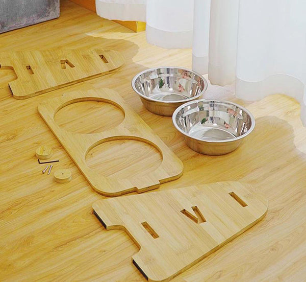 Stainless steel pet double bowl with adjustable bamboo and wooden frame for medium and large dogs